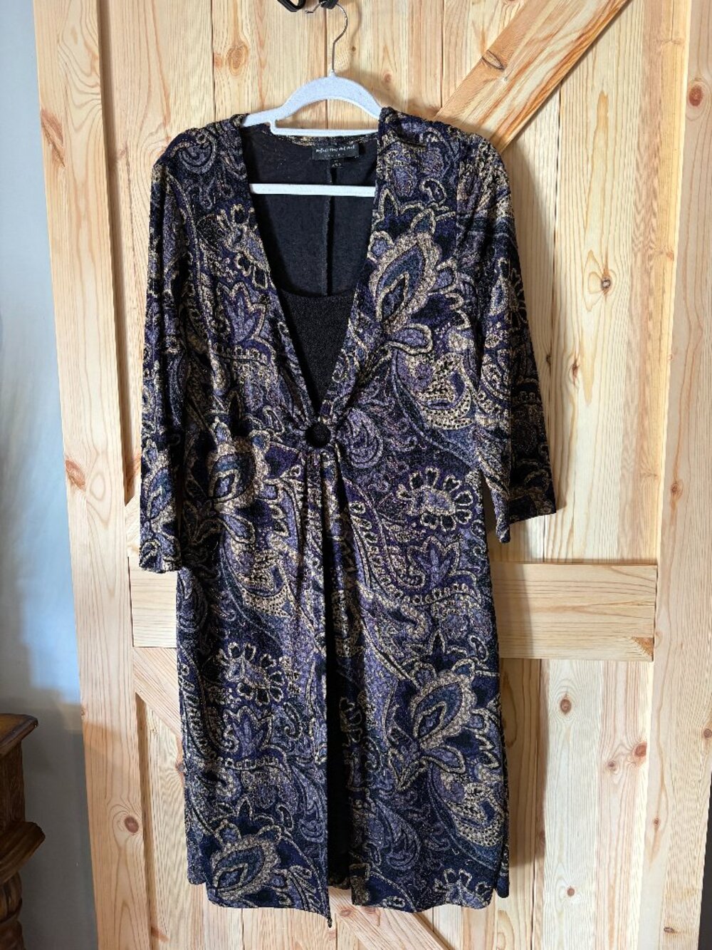 Connected Apparel Dress Size 14 Paisley Faux Wrap Midi Blue Purple 3/4 Sleeve